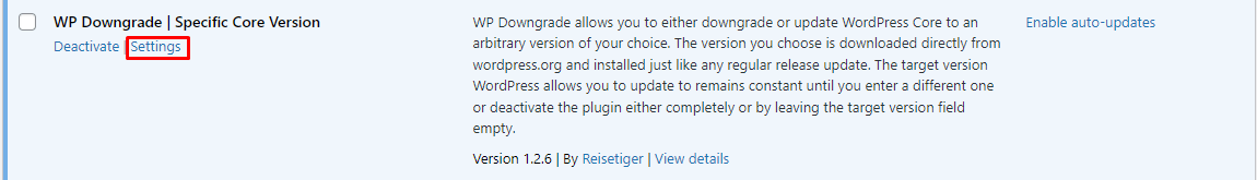 wpdowngrade settings