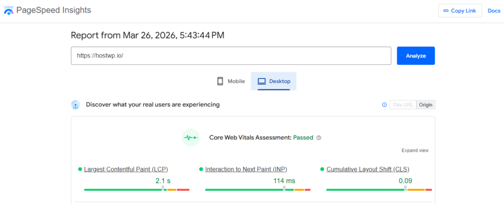 Sitespeed desktop view