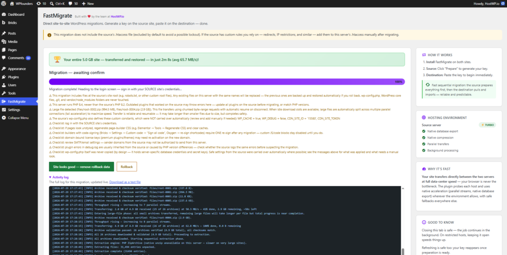 Fast Migration plugin admin screen showing a live migration in progress