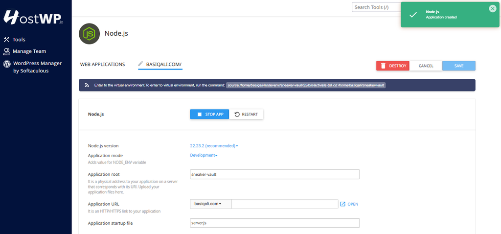 application created node js 1